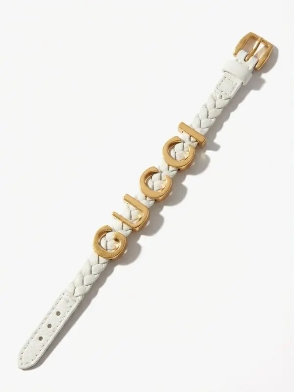 New Gucci White Braided Leather Bracelet with Gold Logo Letters